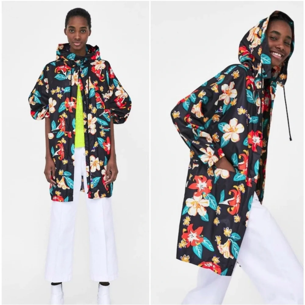 Zara Oversized Floral Hooded Raincoat Size Medium - Picture 2 of 10